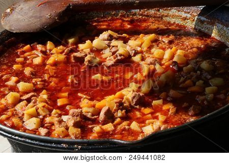 Traditional Hot Hungarian Stew Soup On Open Fire