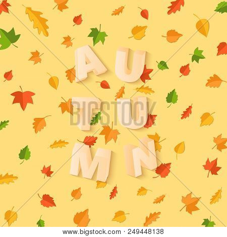 Word Autumn Composition With Green Yellow Red Leaves On Yellow Background In Paper Cut Style. Fall L