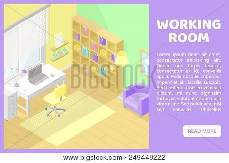 Vector Isometric Low Poly Cutaway Interior Illustartion. Working Room With Table With A Laptop, Chai