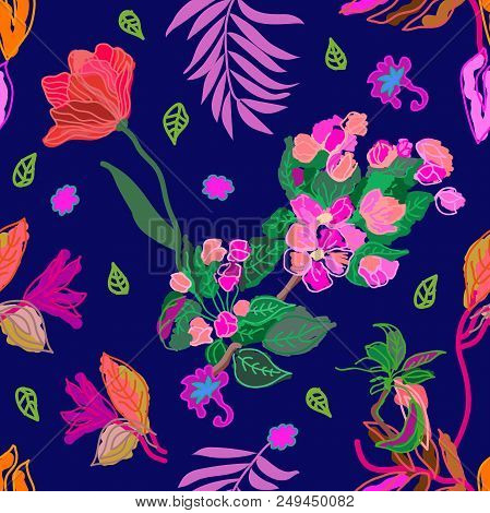 Trendy Vector Pattern With Palm Leaves And Exotic Plants On Dark Blue Background. Trendy Design For 