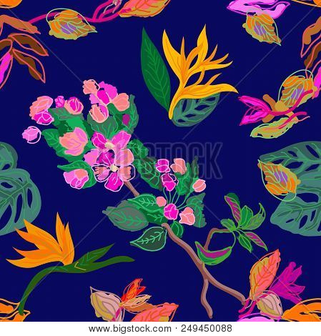 Trendy Vector Pattern With Palm Leaves And Exotic Plants On Dark Blue Background. Trendy Design For 