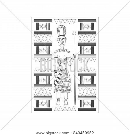 Papua. Papuan Warrior With A Spear. Hand-drawn Ornamental African Motifs. Black On White.