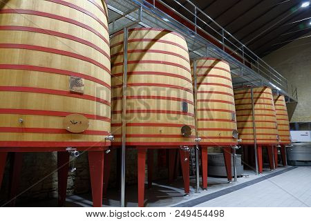 Elciego, Alava , Spain. April 23, 2018: Interior Of A Wine Cellar Of The Rioja Called Marques De Ris
