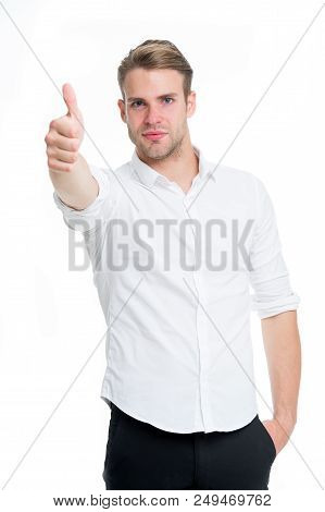 Excellent Quality. Guy Shows Thumb Up. Man Calm Face Posing Confidently Ready To Help White Backgrou