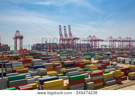 Shanghai Container Port And Transportation Hub In Shanghai City, China. This Immage Can Use For Logi