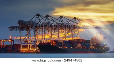 Container Loading In Terminal Port To Vessel Cargo. This Immage Can Use For Transportation, Business