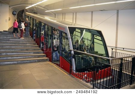 Floibanen funicular to Mt Floyen at Bergen City .June 26,2018. Bergen, Norway,