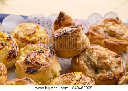 Fresh Hot Sweet Home Baking On Paper Lace Napkin, Rolls Of Buns.