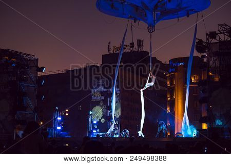 Bucharest, Romania - July 14 2018: Sonics In Wish Performance At Street Theater Festival. Blindfolde