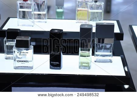 Haarlem, The Netherlands - July 8th 2018: Various Chanel For Men Fragrances On Display In A Luxuriou