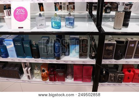 Haarlem, The Netherlands - July 8th 2018: Mens Fragrances On Display In A Luxurious Perfume Shop