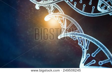 Model Of Part Human Dna (3d-model) At Abstract Dark With Light Background. 3d Rendering