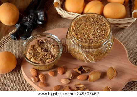 Urbech Of Apricot Kernel In A Glass Jar. National Dagestani Paste Of Nuts