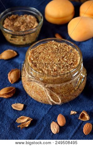 Urbech Of Apricot Kernel In A Glass Jar. National Dagestani Paste Of Nuts