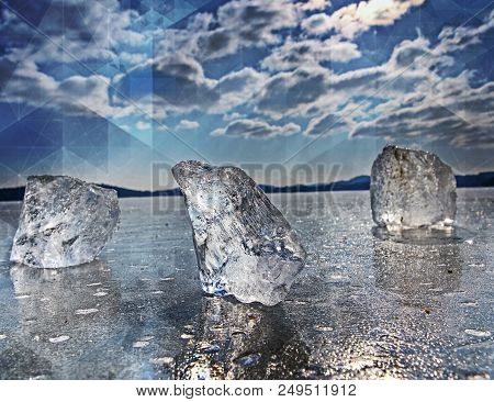 Burning Melting Glaciers And Rising River Levels. The Result Of Dangerous Human Actions. Hipster Fil