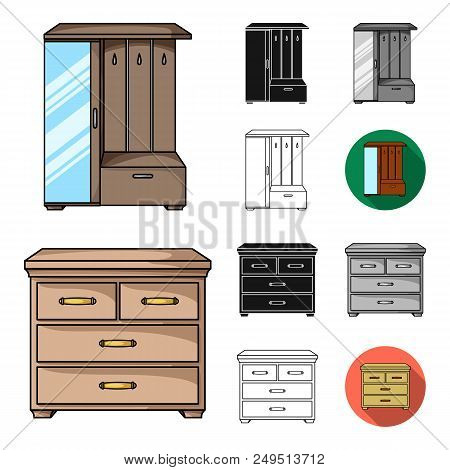 Furniture And Interior Cartoon, Black, Flat, Monochrome, Outline Icons In Set Collection For Design.