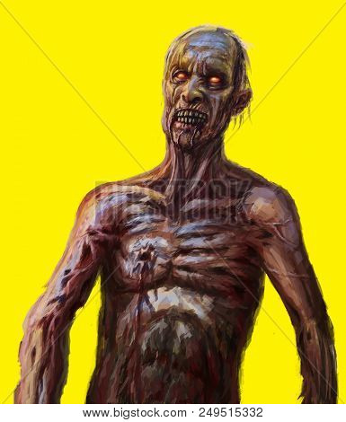 Scary Zombie Character On Yellow Background. Illustration In Genre Of Horror.