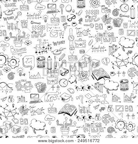 White Pattern Back To Schook. Concept Of Education. School Background With Hand Drawn School Supplie
