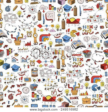 Pattern Back To Schook. Concept Of Education. School Background With Hand Drawn School Supplies And