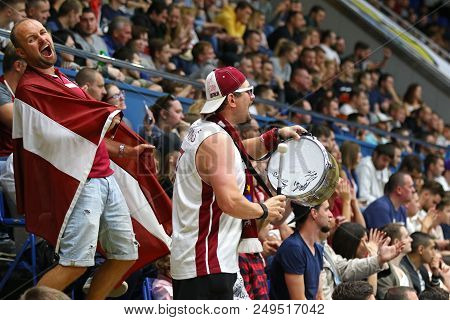 Kyiv, Ukraine - July 1, 2018: Latvian Supporters Support Their Team During The Fiba World Cup China 