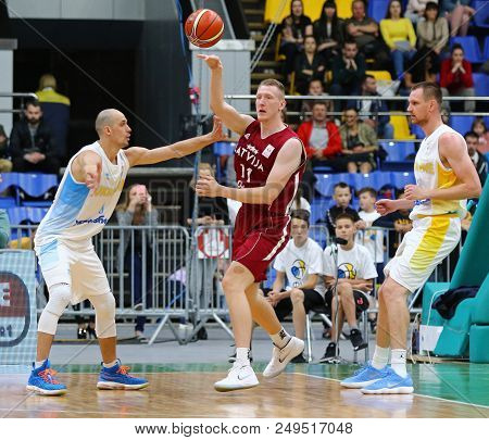Kyiv, Ukraine - July 1, 2018: Rolands Smits Of Latvia (c) In Action During The Fiba World Cup China 