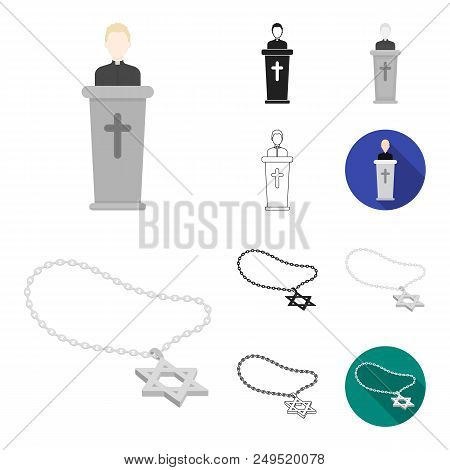 Religion And Belief Cartoon, Black, Flat, Monochrome, Outline Icons In Set Collection For Design. Ac