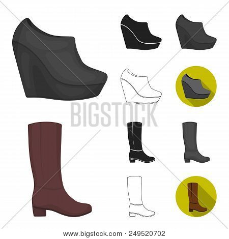 A Variety Of Shoes Cartoon, Black, Flat, Monochrome, Outline Icons In Set Collection For Design. Boo