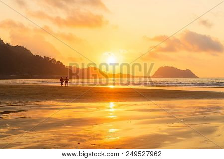 Sunset Over Zarauz City Beach, Pais Vasco, Spain