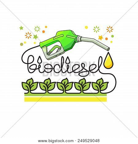 Biodiesel Green Energy Concept. Linear Flat Illustration With Natural Biofuel Pump Icon, Leaves And 