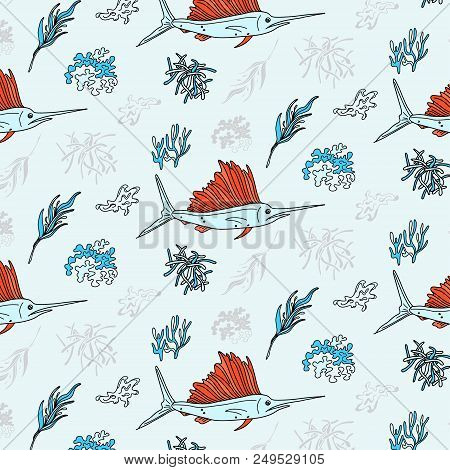 Swordfish And Seaweed Contrast Textile Print. Vector Underwater Life Pattern. Oceam Plants And Fish 