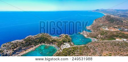 Aerial Birds Eye View Drone Photo Anthony Quinn And Ladiko Bay On Rhodes Island, Dodecanese, Greece.