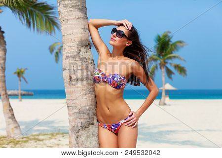 Sexy Beautiful Tanned Woman Relaxing And Sunbathing In Bikini On Sea Background And Palm. Panoramic 