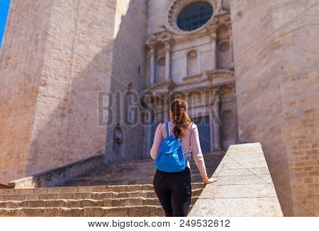 Tourist Woman See In Onyar In Girona, Catalonia, Spain. Scenic Ancient Town. Famous Tourist Resort D