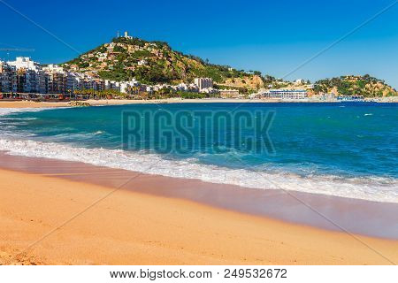 Sea Landscape In Blanes, Catalonia, Spain Near Of Barcelona. Scenic Town With Nice Sand Beach And Cl