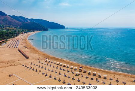 Beach And Sea Landscape With Sperlonga, Lazio, Italy. Scenic Resort Town Village With Nice Sand Beac