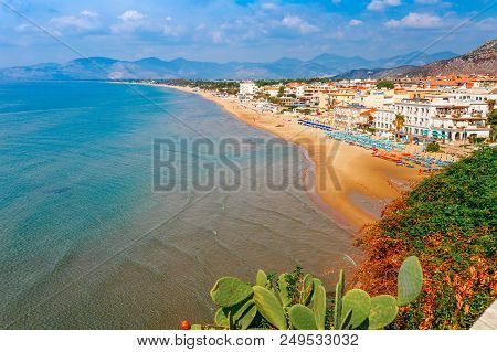 Sea Landscape With Sperlonga, Lazio, Italy. Scenic Resort Town Village With Nice Sand Beach And Clea