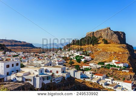 Skyview Landscape Photo Lindos Town And Castle On Rhodes Island, Dodecanese, Greece. Panorama With A
