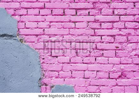 Exposed Brick On Damaged Wall, Abstract Background From Concrete And Painted Pink Brick Wall Texture