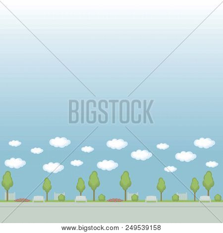 Seamless Vector Pattern Park Street Painted Trees Of A Flowerbed Of Flowerbeds Fence Clouds On A Blu