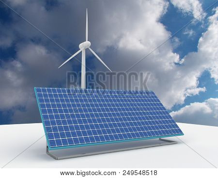 Renewable Energy Concept With Grid Connections Solar Panels And Wind Turbines. 3d Rendered Illustrat