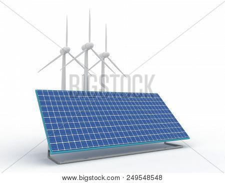 Renewable Energy Concept With Grid Connections Solar Panels And Wind Turbines. 3d Rendered Illustrat
