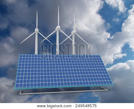 Renewable Energy Concept With Grid Connections Solar Panels And Wind Turbines. 3d Rendered Illustrat