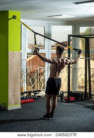 Man With Nude Torso, And Muscular Back In Gym Enjoy Training, Trx. Man With Torso, Sportsman, Athlet