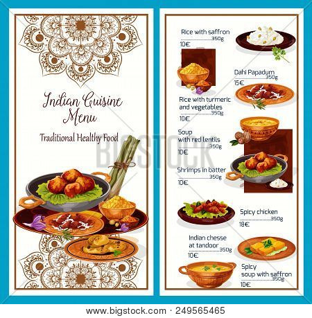 Menu Of Healthy Indian Cuisine With Delicious Exotic Dishes. Meals Of Rice With Picante Condiments, 