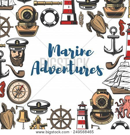 Marine Symbols And Nautical Icons Poster. Bearded Sailor And Lighthouse, Diving Helmet And Sea Turtl
