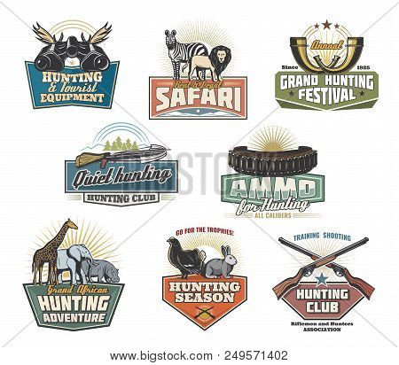 Safari Hunting Sport Icons And Signs. Real And Legal Safari During Hunting Season Retro Emblems, Vec