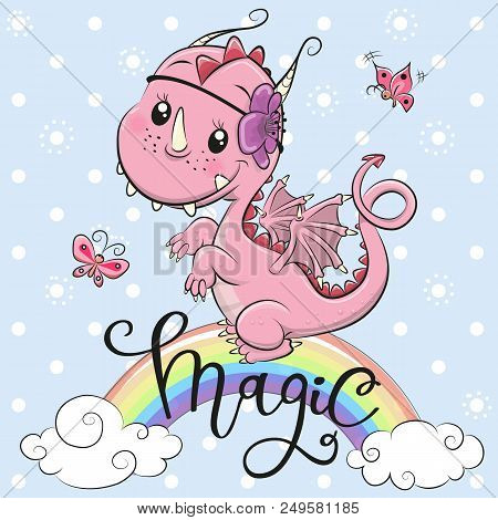 Cute Cartoon Pink Dragon On A Blue Background