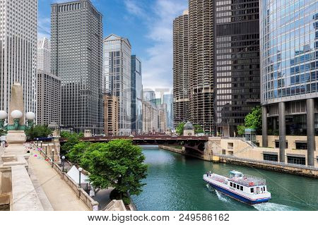 Chicago Skyline. Chicago Downtown And Chicago River With Bridges During Sunny Day.