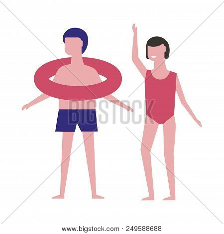 Boy With Inflatable Ring And Girl In Red Swimsuit. Children Ready To Swim. Kids In Swimwear On Summe