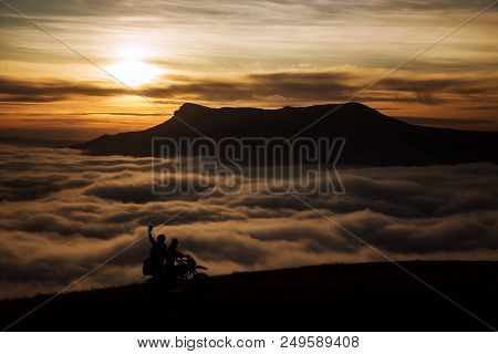 Two Tourists Motorcyclist In The Mountains. Demerdzhi, Crimea. 2016-03-07